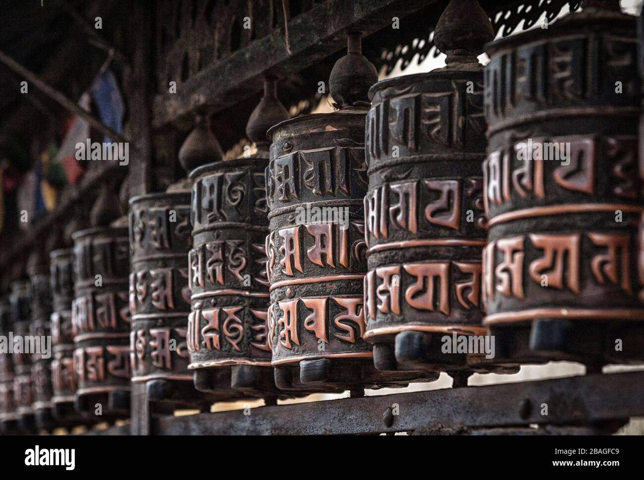 Buddhist prayer wheels at Swayambhunath Monkey temple - Kathmandu ...