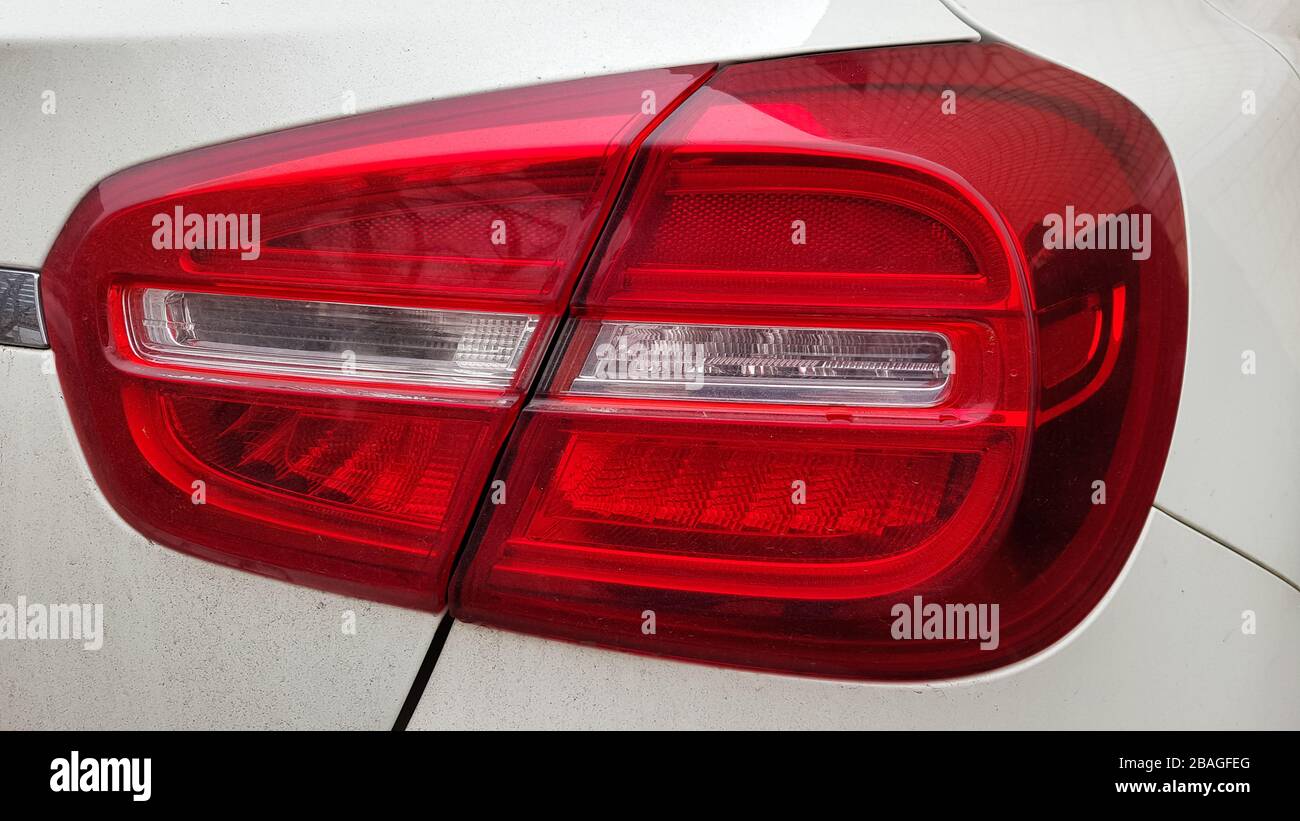 Ukraine, Kiev - March 27, 2020: new modern car GLA 250 Mercedes-Benz. Rear right headlight of a white car in a parking lot Stock Photo