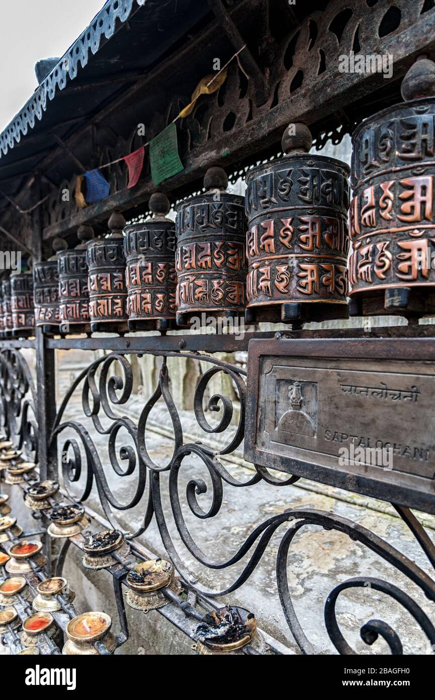 Buddhist prayer wheels at Swayambhunath Monkey temple - Kathmandu ...