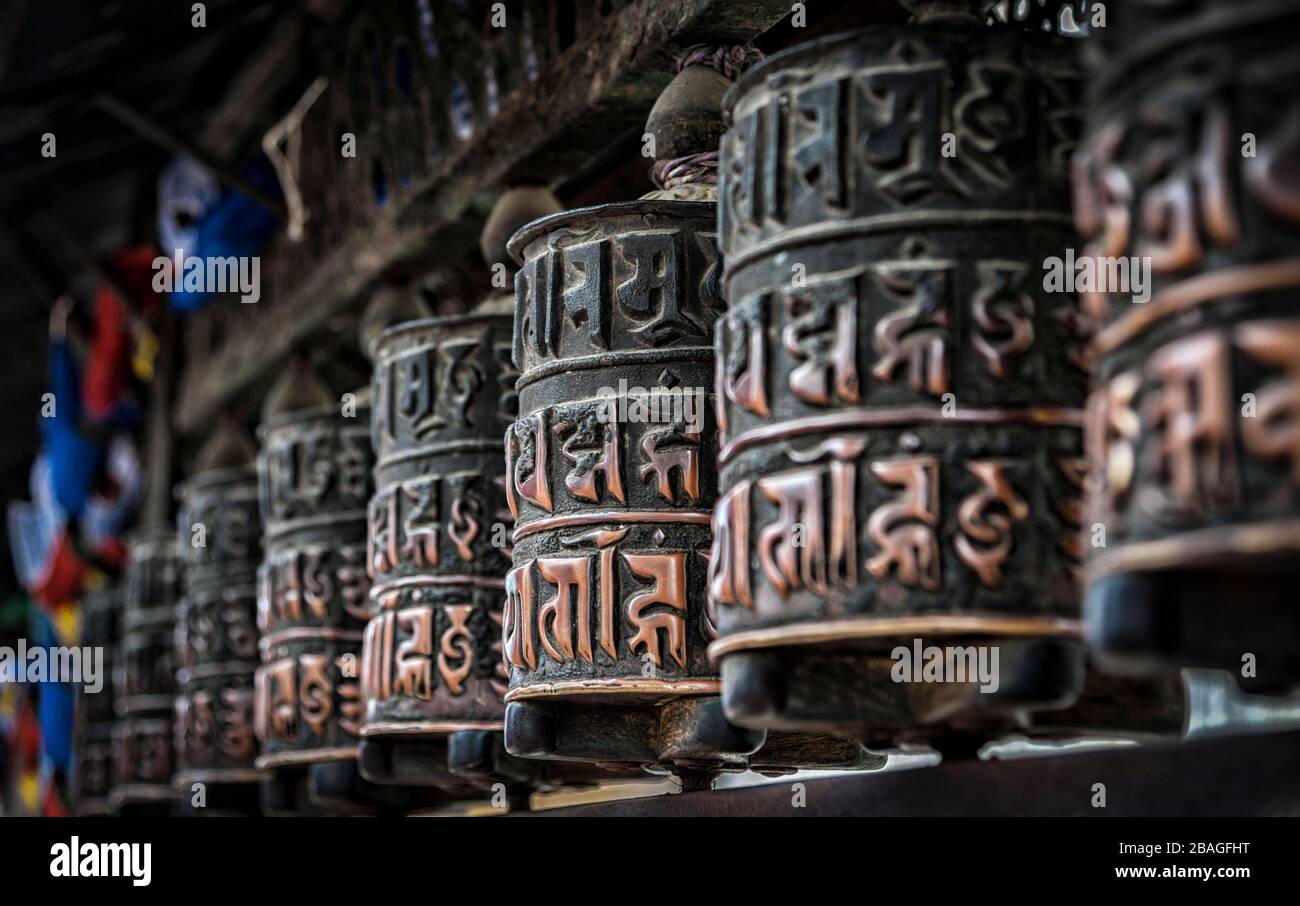 Buddhist prayer wheels at Swayambhunath Monkey temple - Kathmandu ...