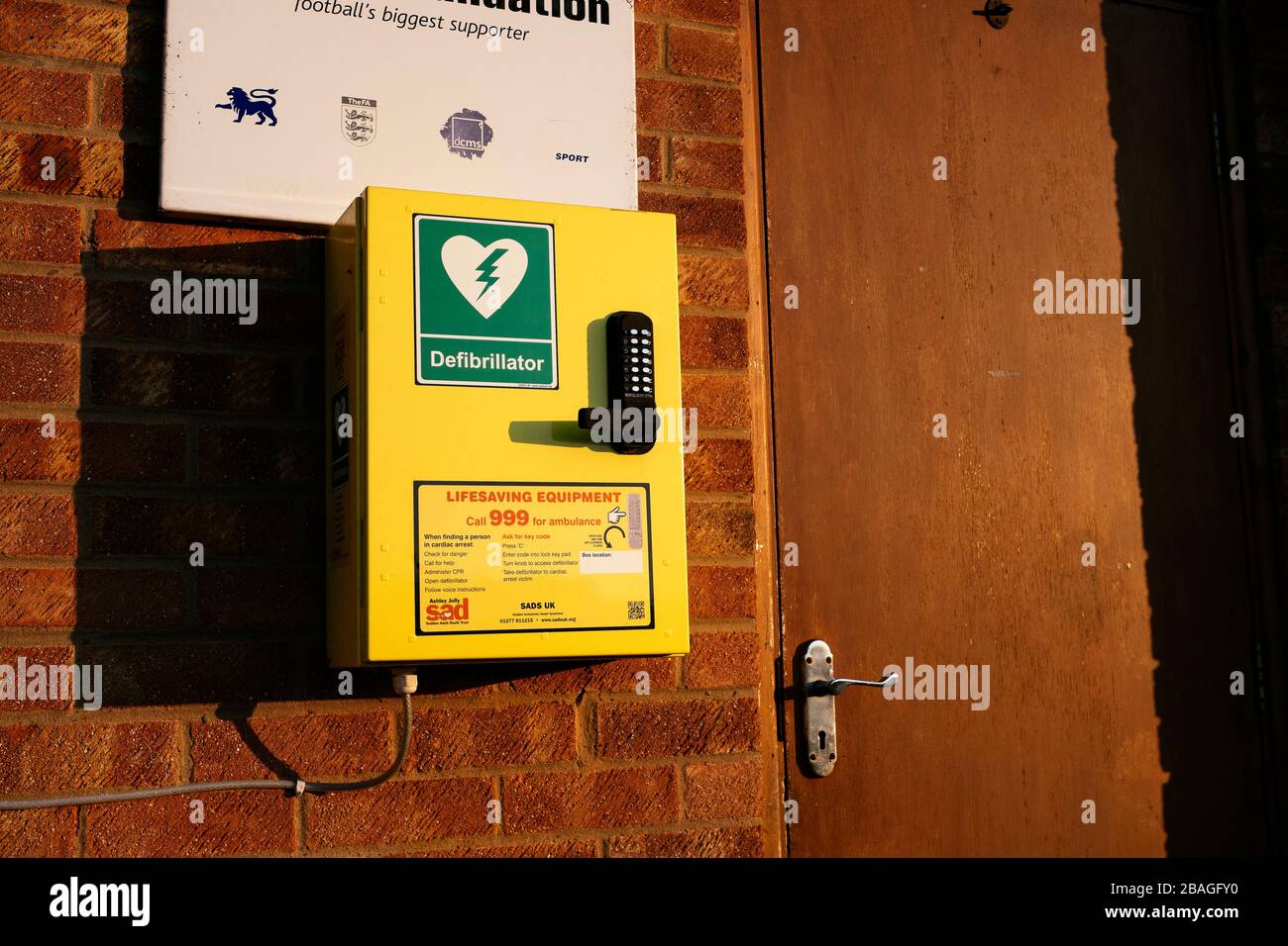 A defibrillator outside a sports club in Bugbrooke, Northamptonshire