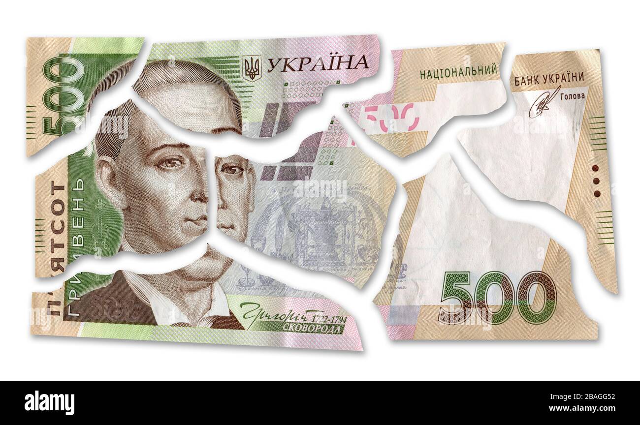 Broken money. Financial crisis in Ukraine - Ukrainian hryvnia devaluation. Stock Photo
