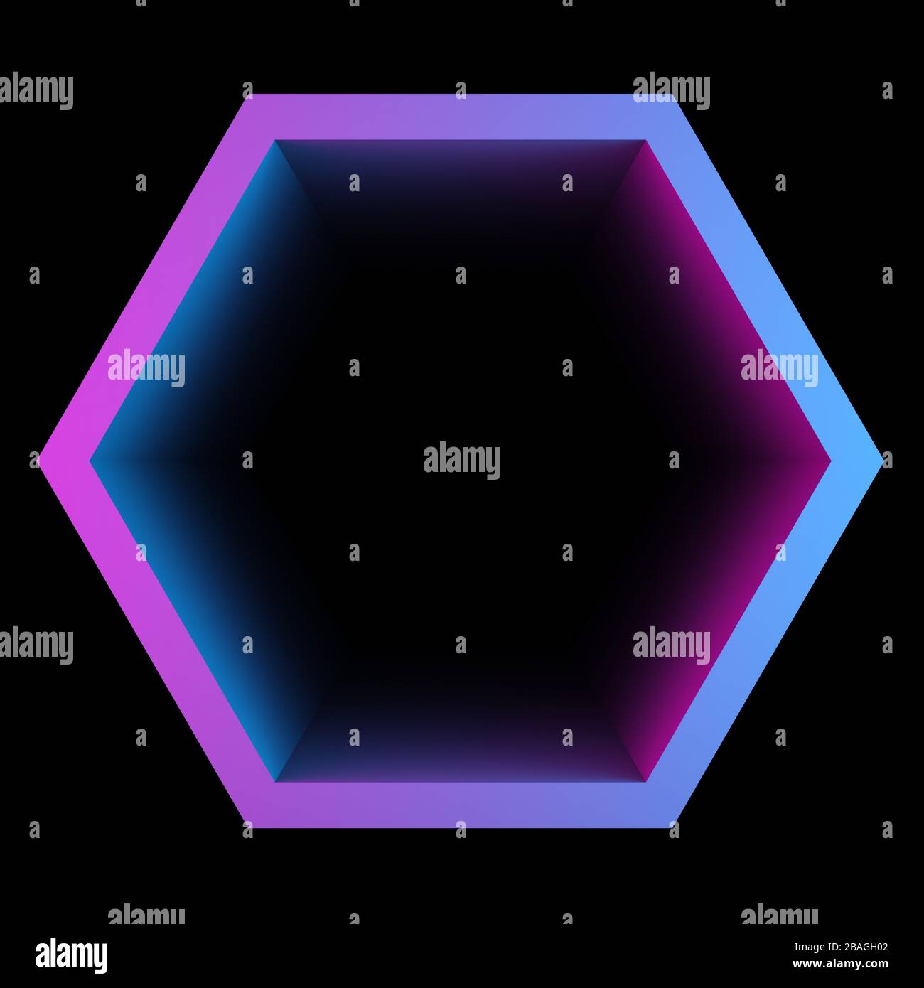 hexagon frame in a pinkblue gradient protruding from the dark. 3d