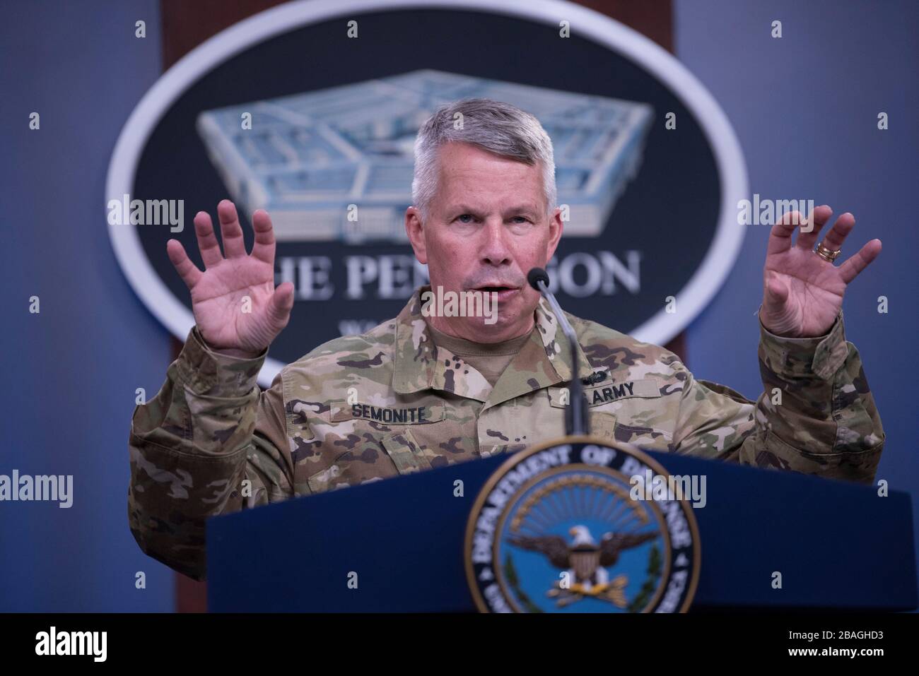 The U.S. Army Corps of Engineers, commanding general, Lt. Gen. Todd T. Semonite, briefs the press on the Corps of Engineers efforts to assist with the COVID-19 pandemic at the Pentagon March 27, 2020 in Arlington, Virginia. Stock Photo