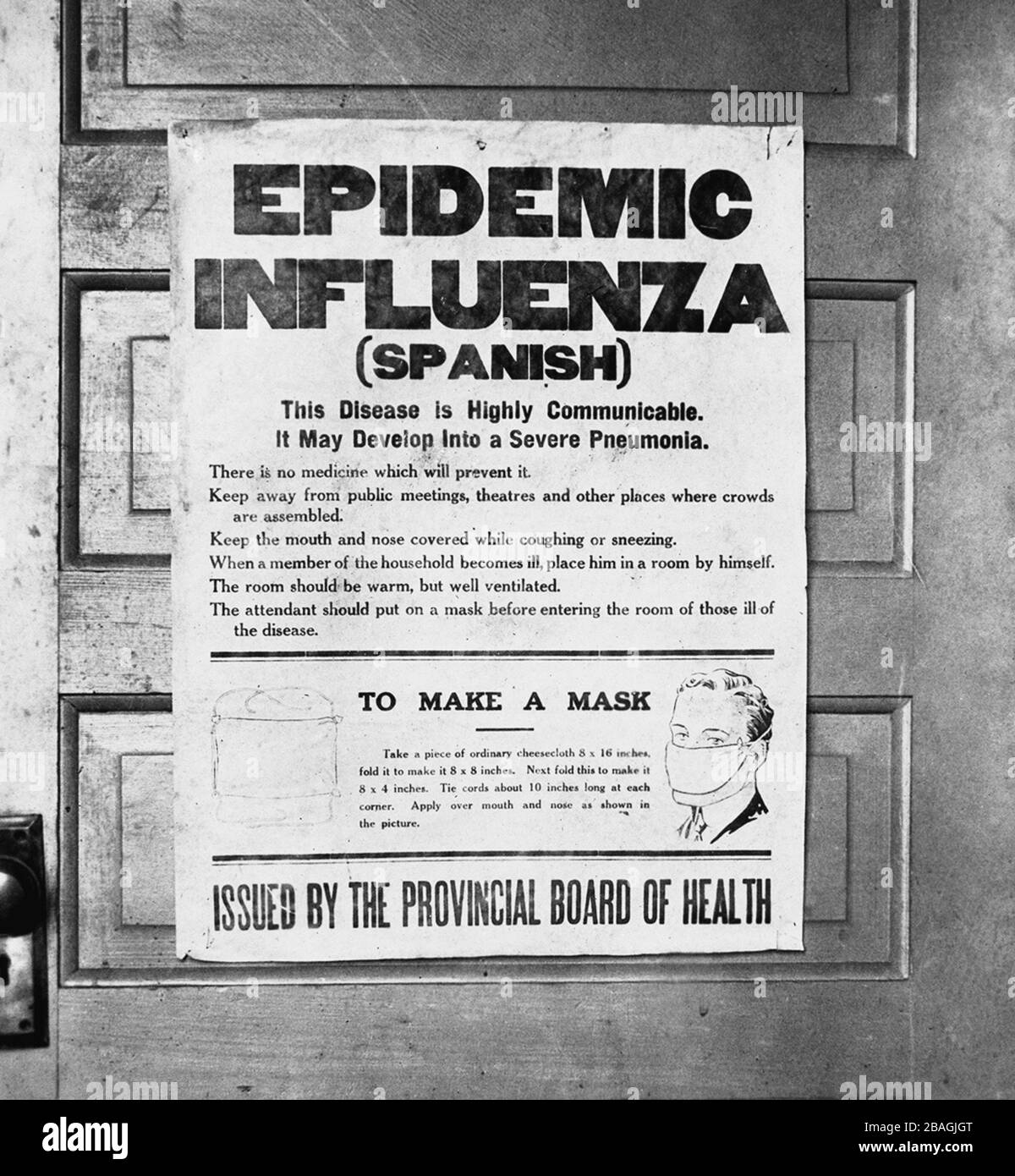 Spanish Flu poster. Poster issued by Alberta's Provincial Board of Health alerting the public to the 1918 influenza epidemic. The poster gives information on the Spanish flu and instructions on how to make a mask. Stock Photo