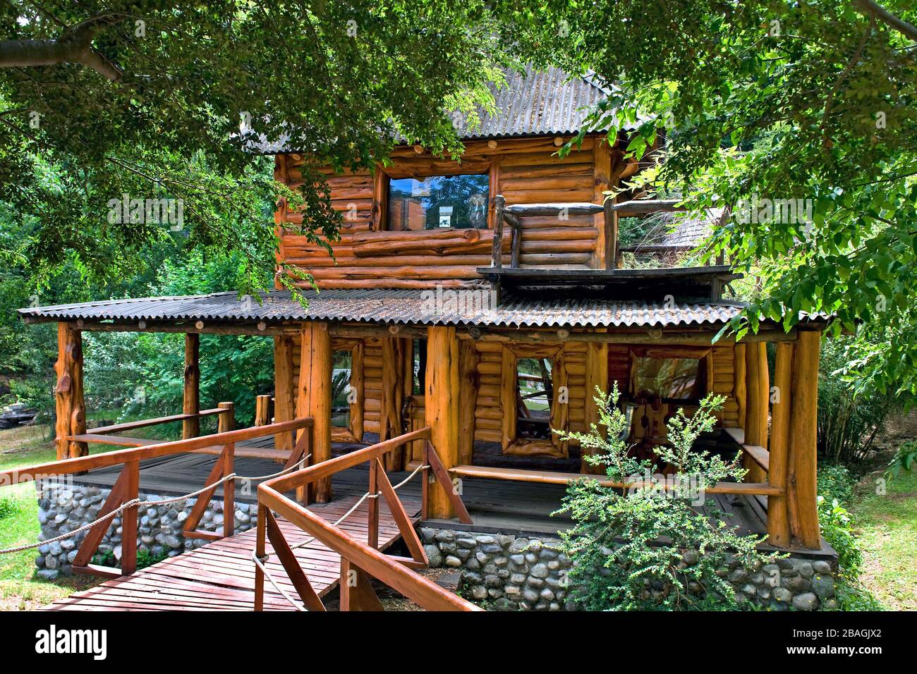 Villa La Angosturam, province of Neuquén/ Argentina: Bizarre wood architecture Stock Photo