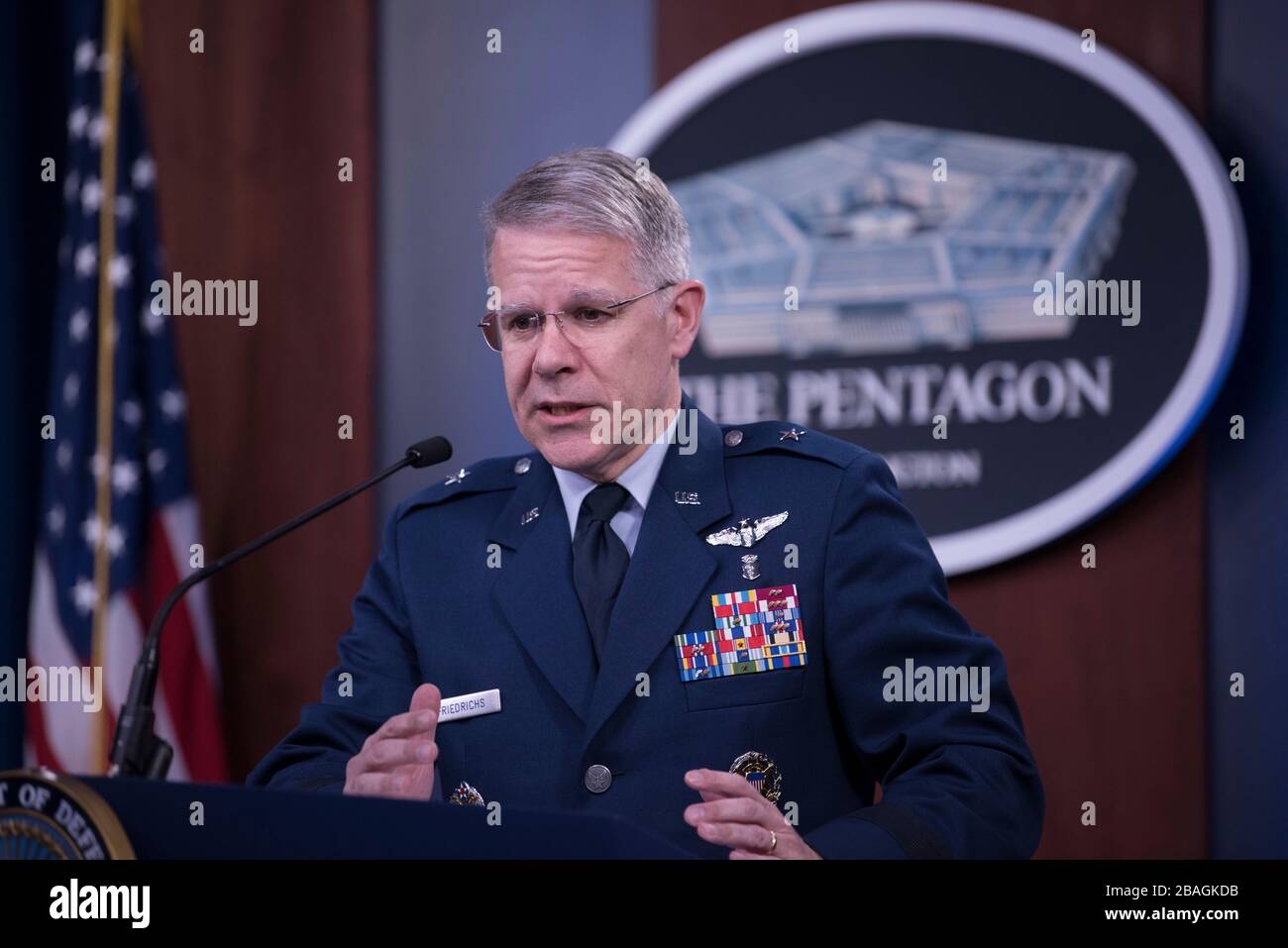 U.S. Joint Staff Surgeon Air Force Brig. Gen. Paul Friedrichs, MD,, briefs reporters on the COVID-19 pandemic at the Pentagon March 25, 2020 in Arlington, Virginia. Stock Photo