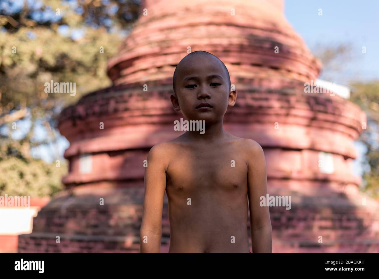 Portrait of a young monk, Bagan, Myanmar Stock Photo