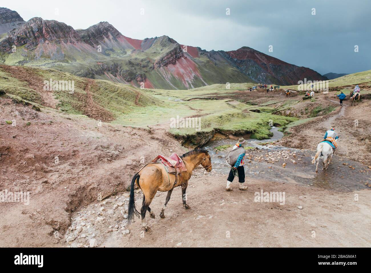 Local guides with horses are going down to the valley, Peru Stock Photo