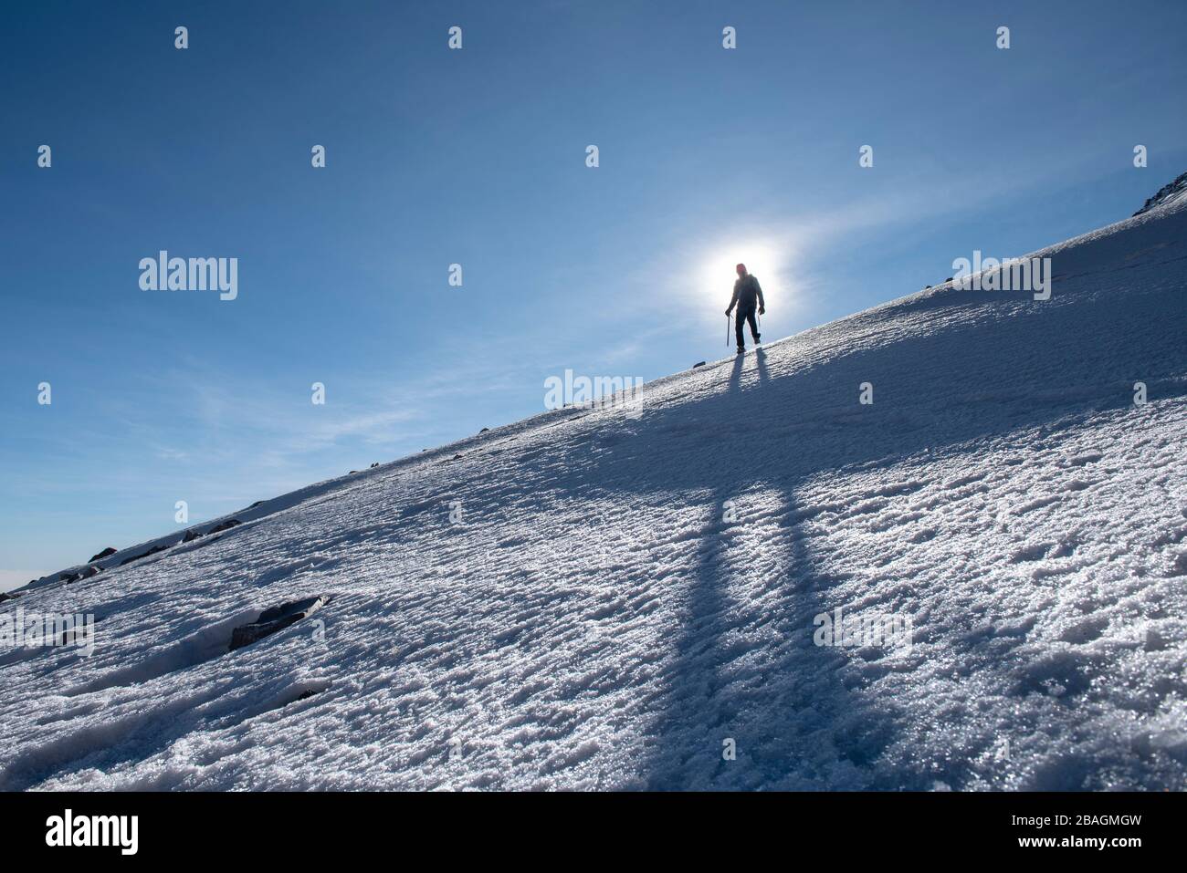 One persons walking at Pico de Orizaba glacier in Mexico Stock Photo