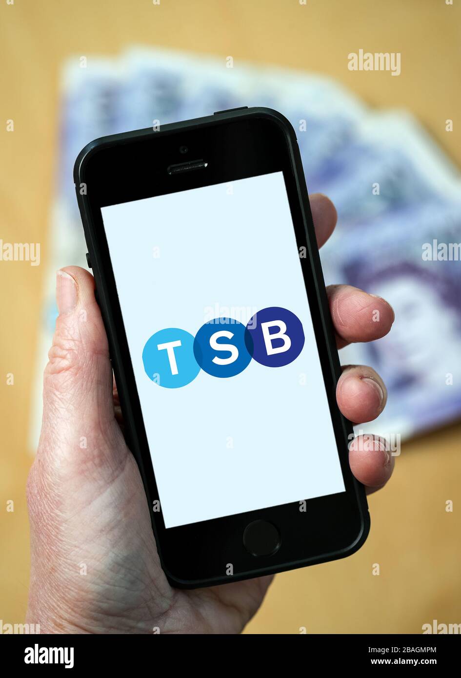 A woman looking at the TSB Bank logo on a mobile phone. (editorial Use Only) Stock Photo