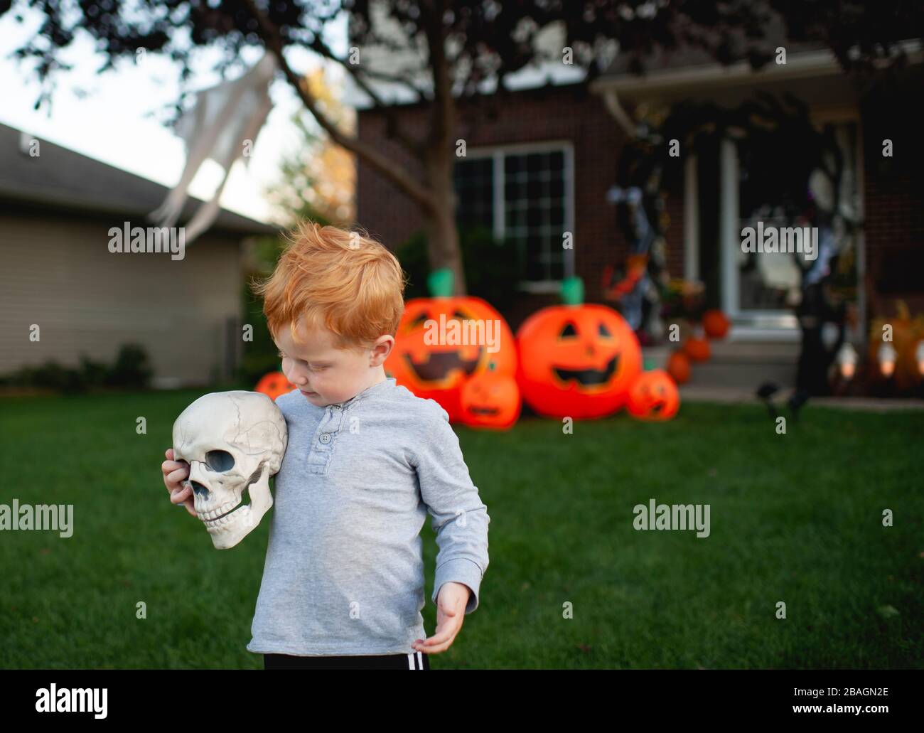 Toddler holding skeleton head in front of outdoor halloween decor Stock Photo