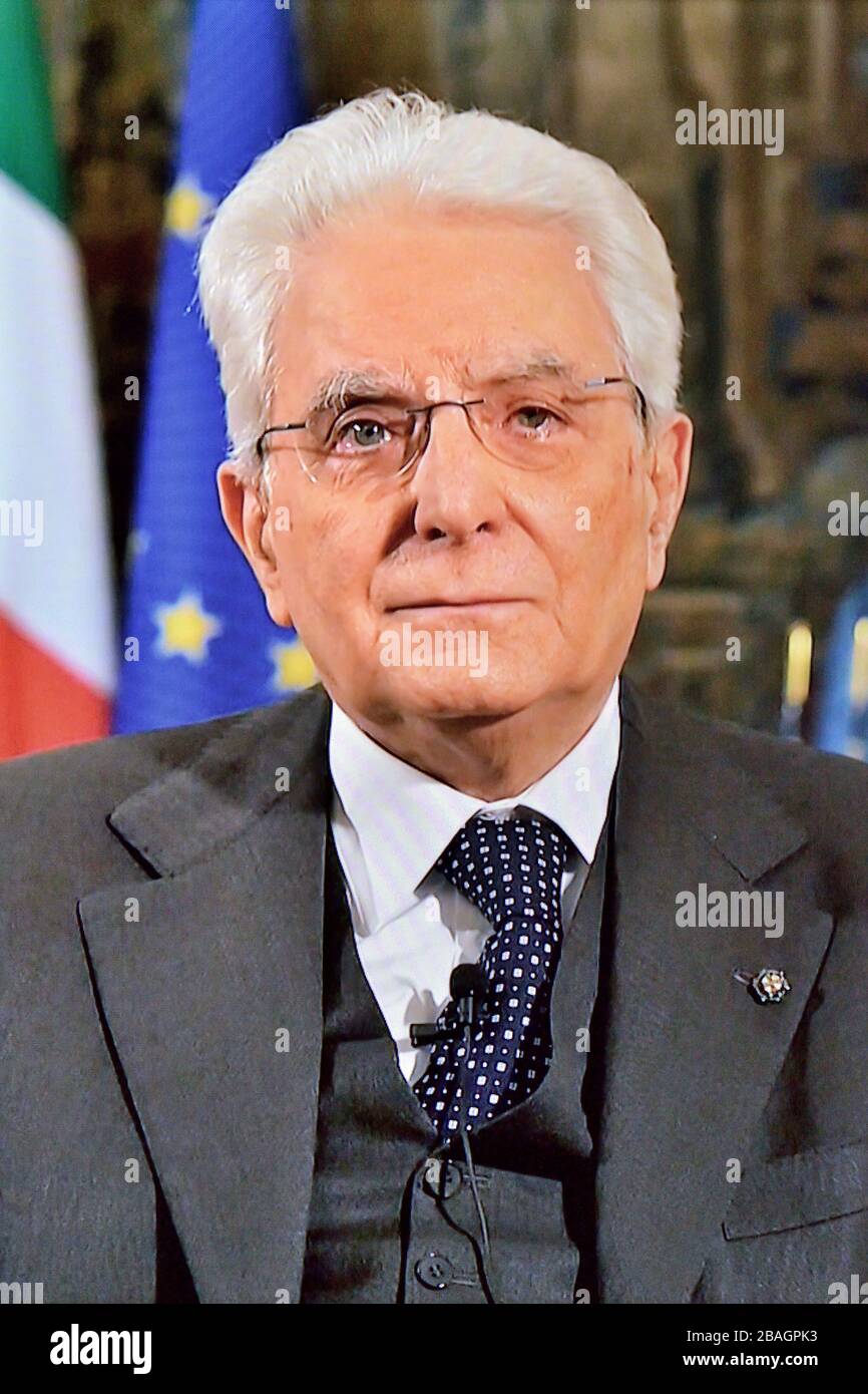 Italy's president of the Italian Republic Sergio Mattarella Speech for pandemic corona virus Covid 19 - March 27 2020 Stock Photo