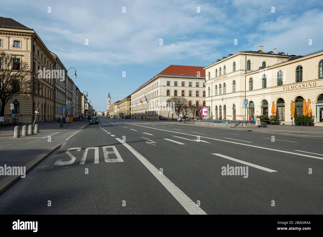 Bavaria-Munich-Germany, 27. March 2020: Empty streets at Leopold -Strasse, Munich because of shutdown due to corona virus Stock Photo