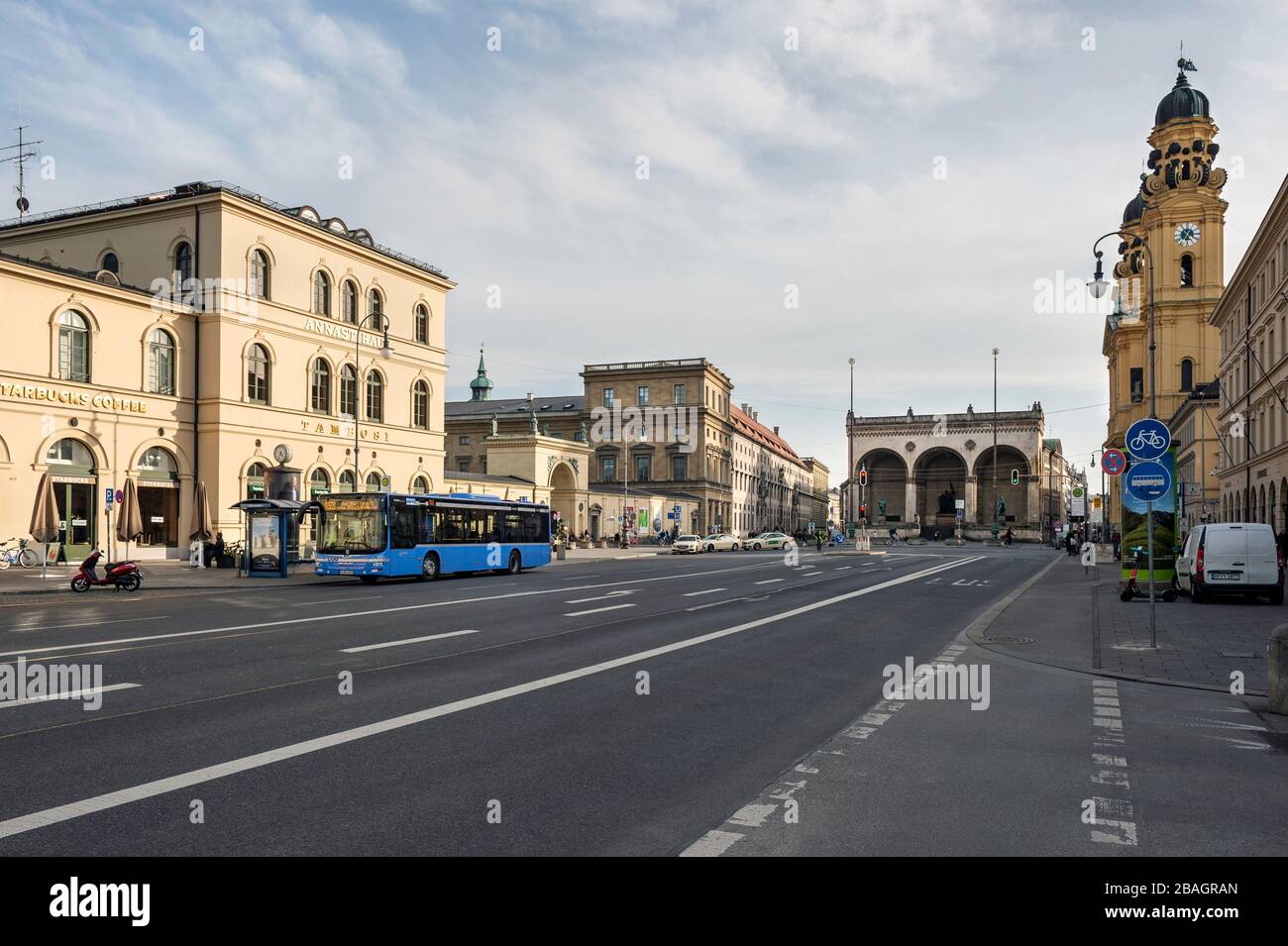 Bavaria-Munich-Germany, 27. March 2020: Empty streets at Odeonsplatz, Munich because of shutdown due to corona virus Stock Photo