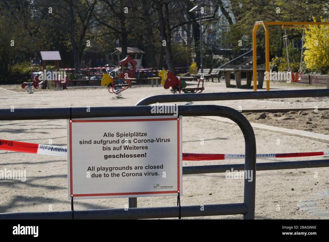 Closed Playgrounds in Frankfurt Germany due to Covid-19 Stock Photo