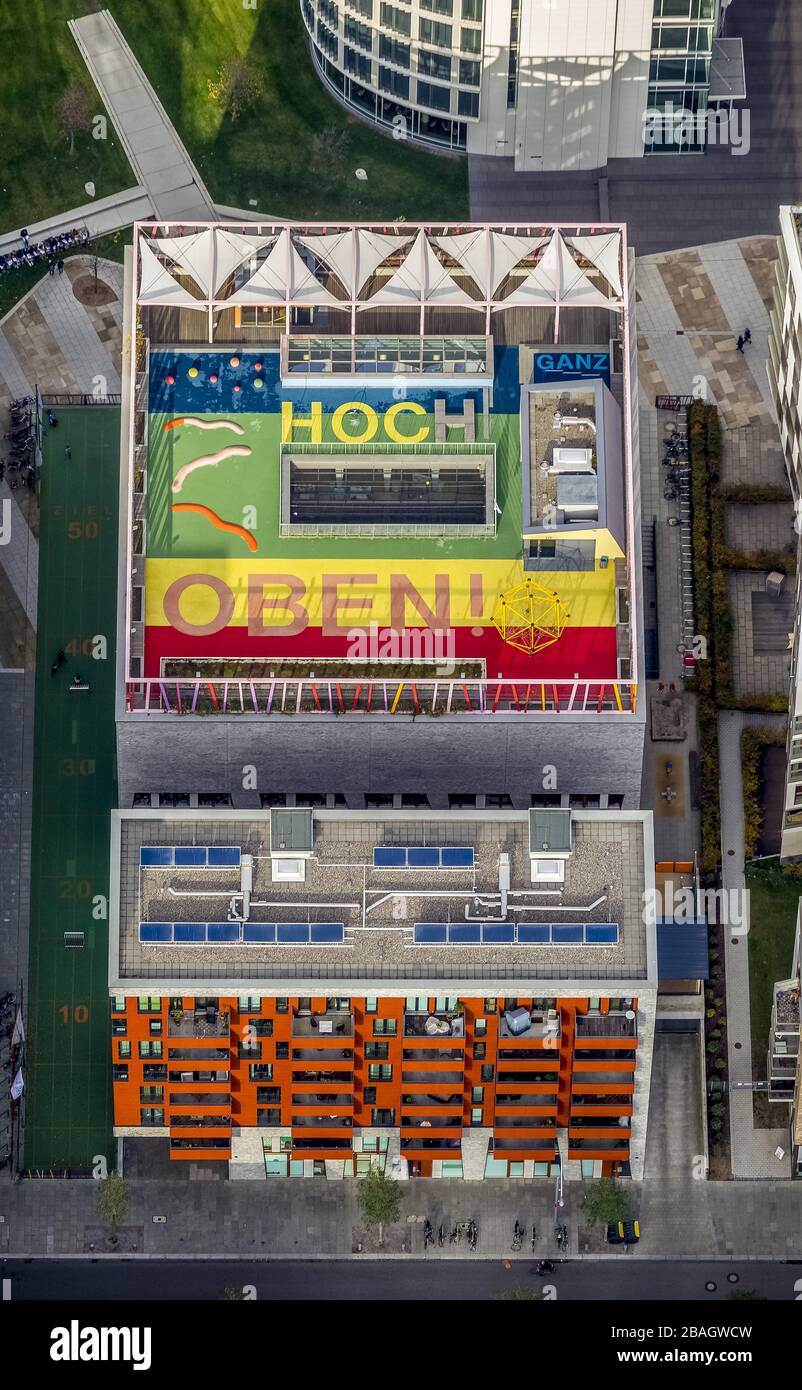 GANZ HOCH OBEN, VERY HIGH ABOVE letters installation on the top floor of the school Katharinenschule in HafenCity Hamburg, 30.10.2013, aerial view, Germany, Hamburg Stock Photo
