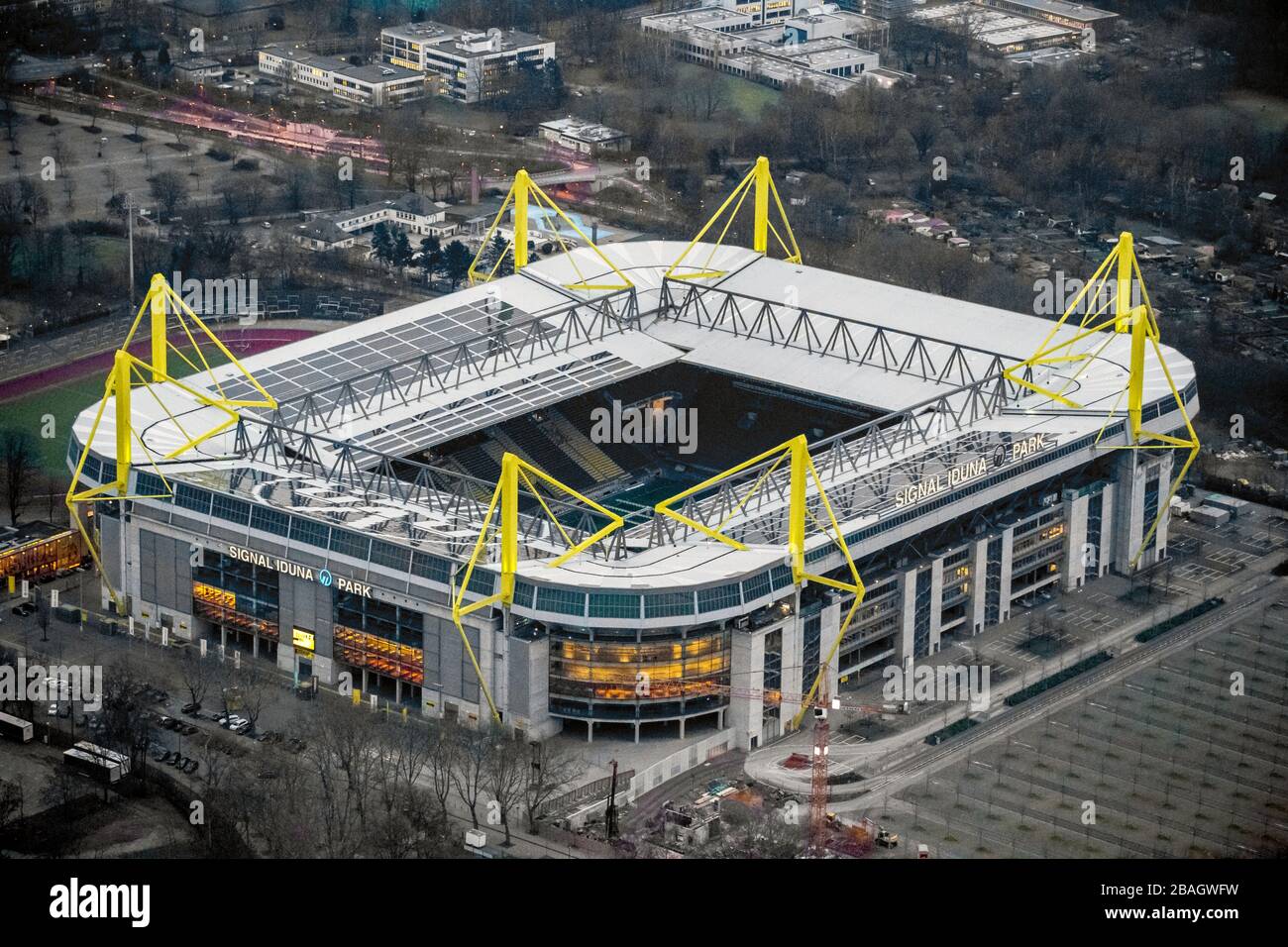 , stadium Westfalenstadion of Dortmund BVB, 17.12.2013, aerial view, Germany, North Rhine-Westphalia, Ruhr Area, Dortmund Stock Photo