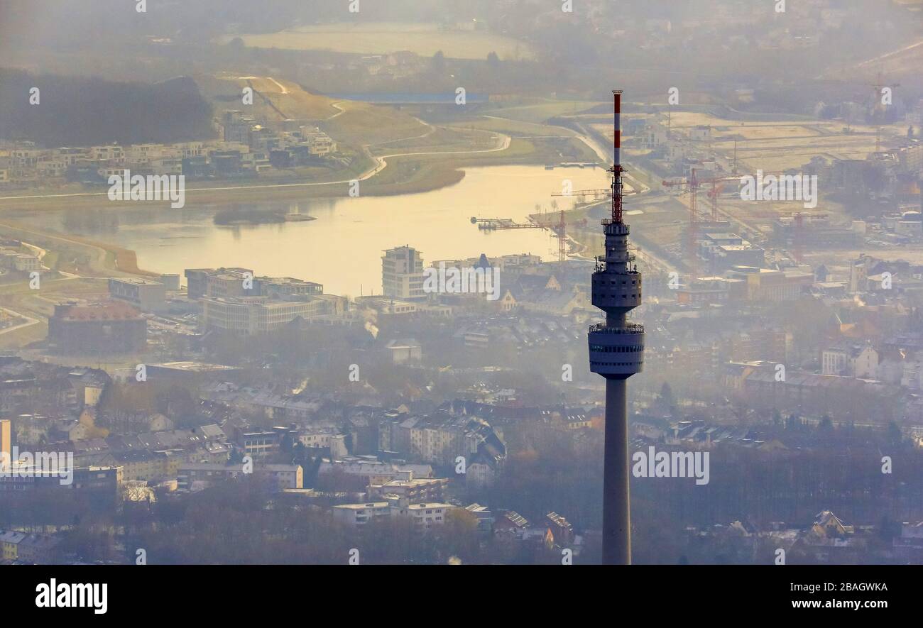 , Silhouette of the Dortmund TV Tower Florian with the Phoenix Lake in the background in Dortmund, 04.02.2015, aerial view, Germany, North Rhine-Westphalia, Ruhr Area, Dortmund Stock Photo