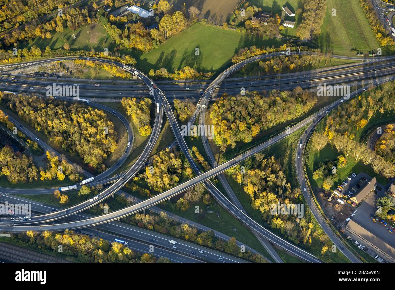 Motorway junction Kaiserberg of A3 with A4 in Duisburg, 13.11.2013, aerial view, Germany, North Rhine-Westphalia, Ruhr Area, Duisburg Stock Photo