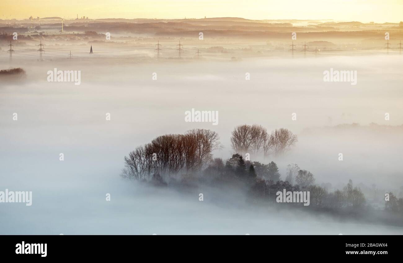 , Morning mist over the river Lippe at sunrise, 11.12.2013, aerial view, Germany, North Rhine-Westphalia, Ruhr Area, Hamm Stock Photo