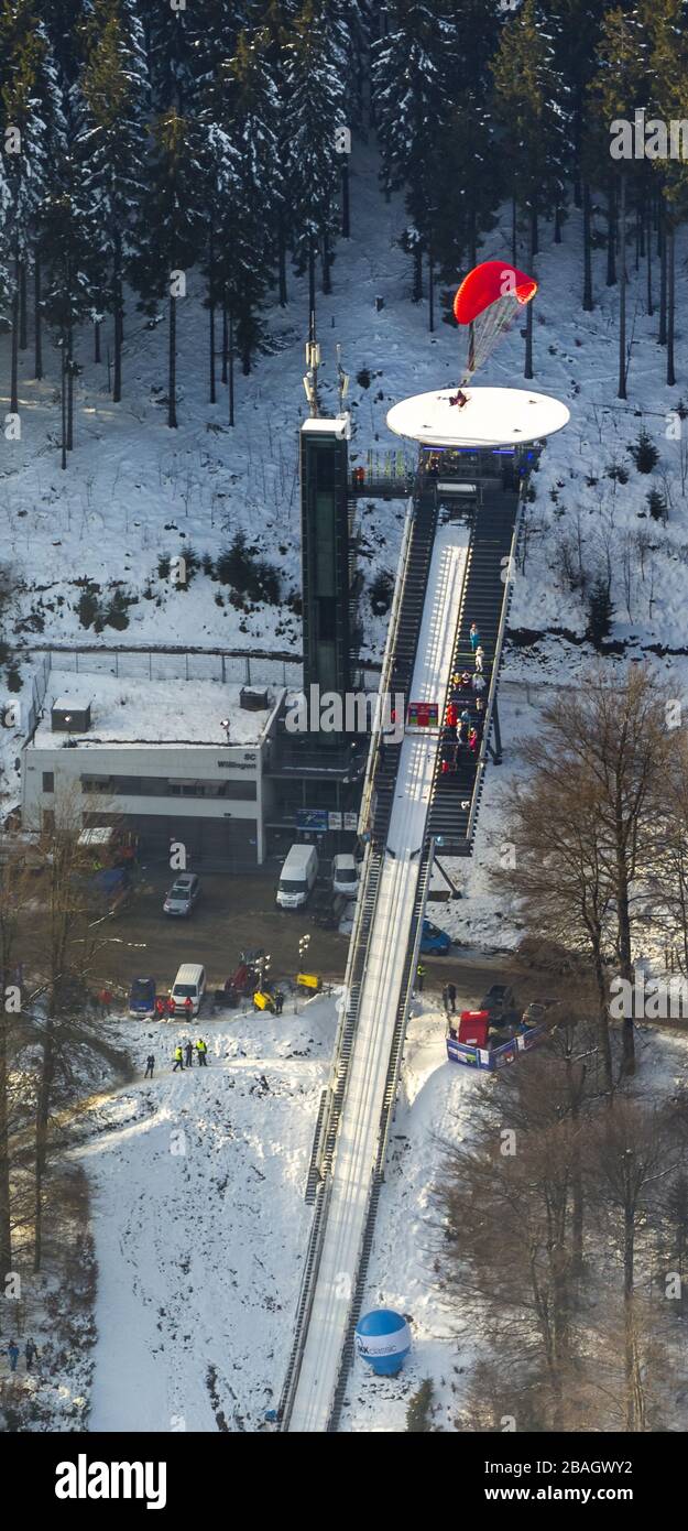 ski jump Ski Muehlenkopfschanze, jumping at the World Ski Cup in Willingen 2014 in Willingen, 02.02.2014, aerial view, Germany, North Rhine-Westphalia, Sauerland, Willingen (Upland) Stock Photo