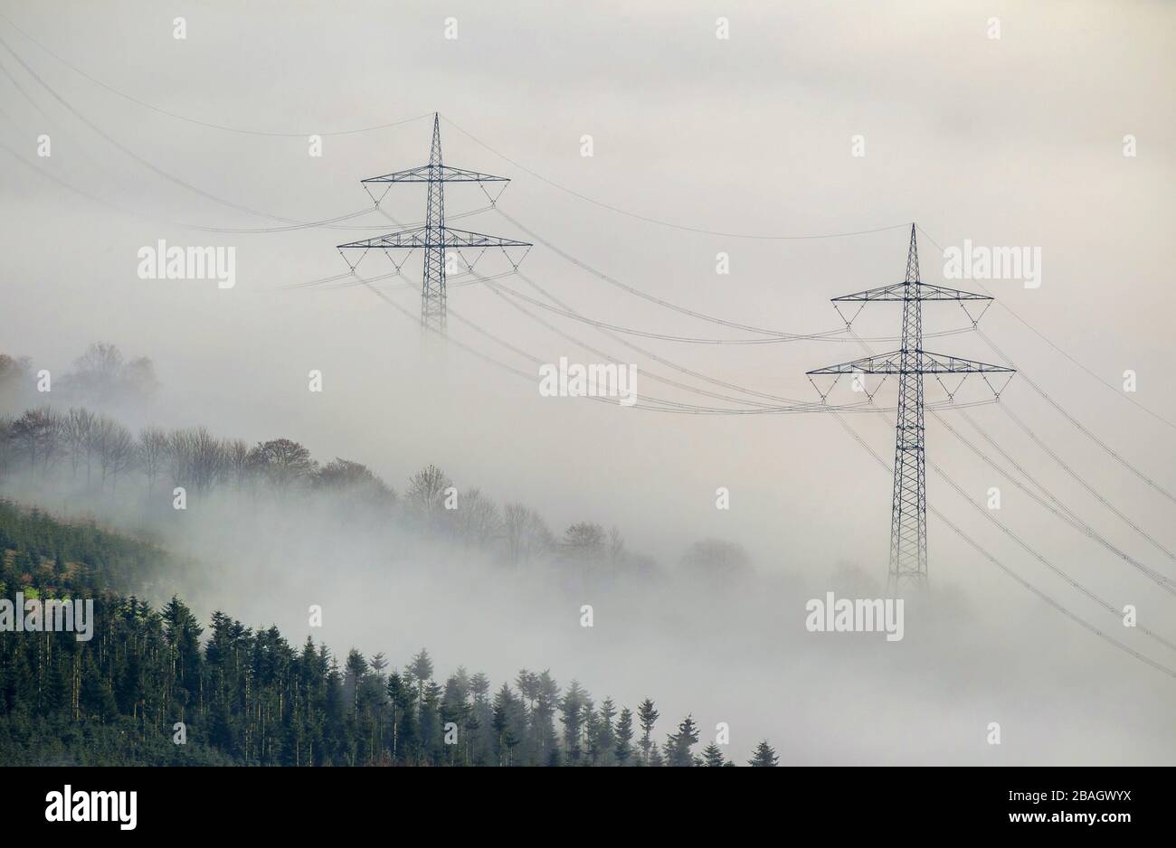 , Overland power lines in mist in Bestwig, 11.12.2013, aerial view, Germany, North Rhine-Westphalia, Sauerland, Bestwig Stock Photo