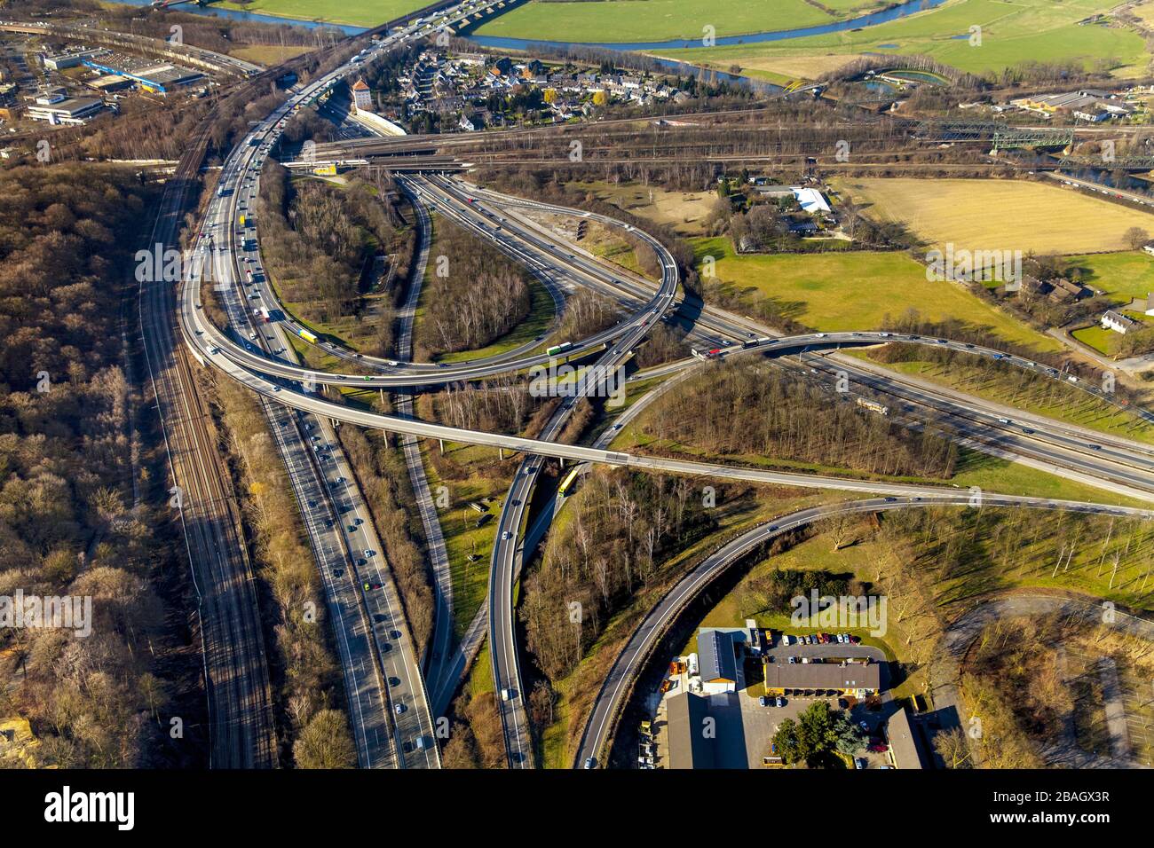 , Motorway junction Kaiserberg of A3 with A4 in Duisburg, 12.03.2015, aerial view, Germany, North Rhine-Westphalia, Ruhr Area, Duisburg Stock Photo