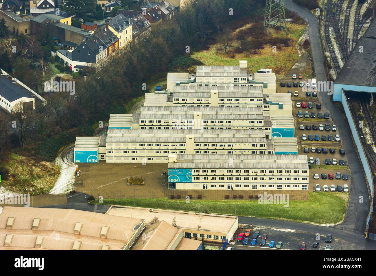 , Containers of the Hochschule Ruhr West, HRW, 04.02.2015, aerial view, Germany, North Rhine-Westphalia, Ruhr Area, Muelheim/Ruhr Stock Photo