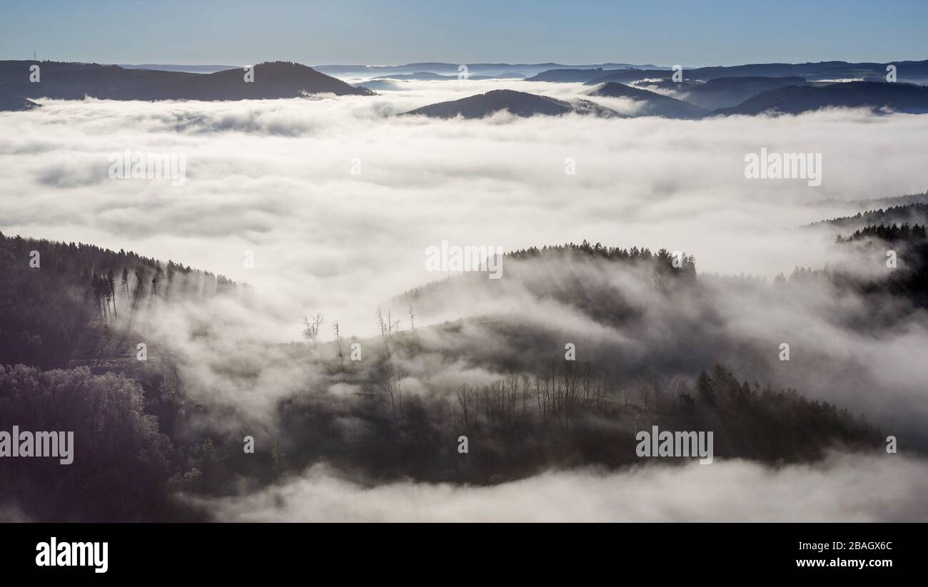 , forests and valley enclosed by clouds and mist near Meschede, 11.12.2013, aerial view, Germany, North Rhine-Westphalia, Sauerland, Meschede Stock Photo