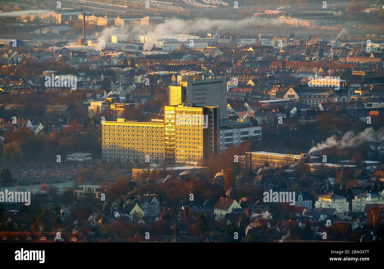 , Hamm town center with the Oberlandesgericht Hamm in the Hesslerstrasse at sunrise, 11.12.2013, aerial view, Germany, North Rhine-Westphalia, Ruhr Area, Hamm Stock Photo