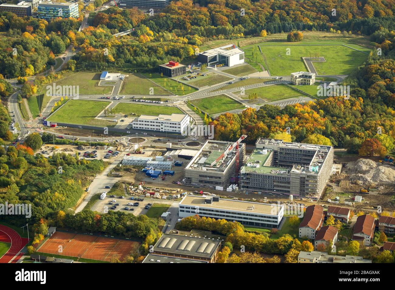 New biomedicine Park Health Campus in Bochum, Hochschule fuer Gesundheit in Bochum-Querenburg, 22.10.2013, aerial view, Germany, North Rhine-Westphalia, Ruhr Area, Bochum Stock Photo