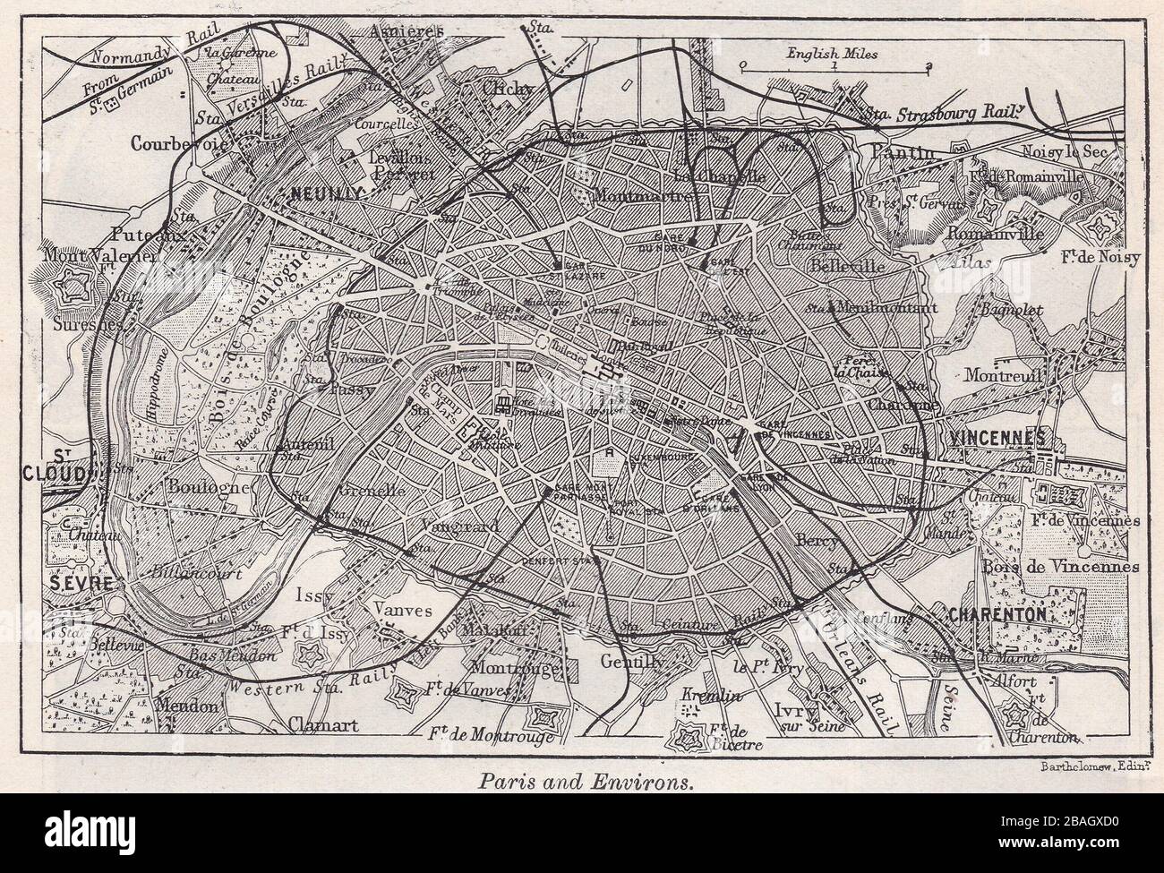 Vintage map of Paris and Environs 1900s. Stock Photo