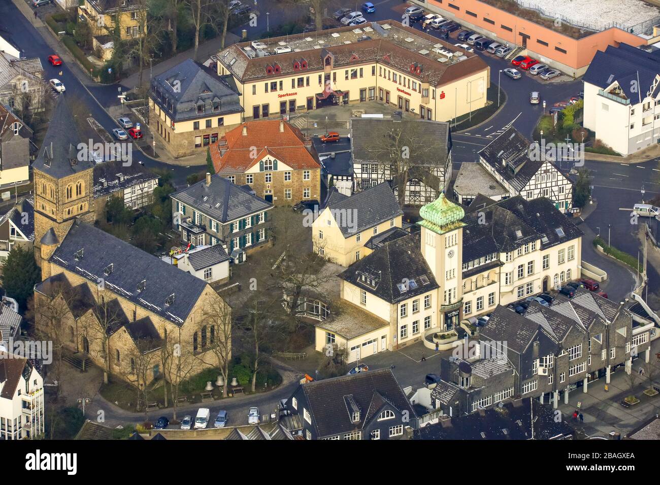 Rathaus und Stiftskirche in der Innenstadt von Herdecke, 04.02.2015, Luftbild, Town hall and church St. Marien in the center of Herdecke, 04.02.2015, aerial view, Germany, North Rhine-Westphalia, Ruhr Area, Herdecke Stock Photo