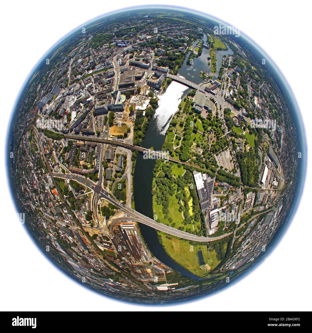 city centre of Muelheim with river Ruhr and Darlington Park, 02.06.2011, aerial view, Germany, North Rhine-Westphalia, Ruhr Area, Muelheim/Ruhr Stock Photo