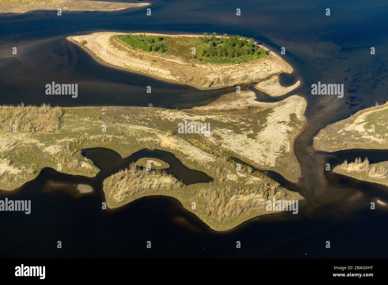 mouth of river Lippe between Lippeschloesschen and Rhine Bridge, 01.04.2019, aerial view, Germany, North Rhine-Westphalia, Ruhr Area, Wesel Stock Photo