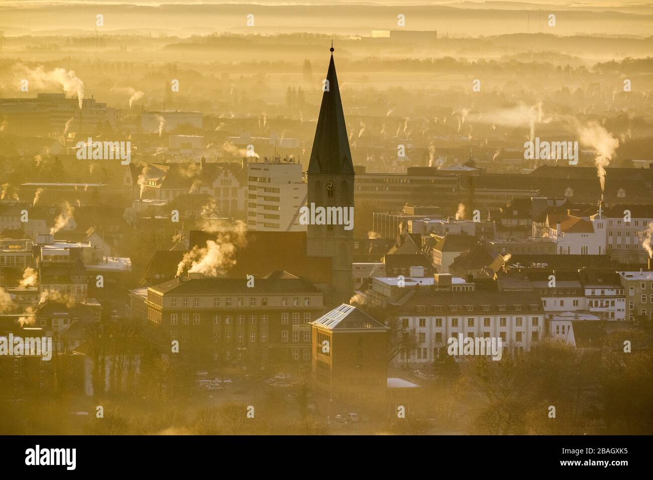, Morning fog over St. Paul's Church in Hamm, 11.12.2013, aerial view, Germany, North Rhine-Westphalia, Ruhr Area, Hamm Stock Photo