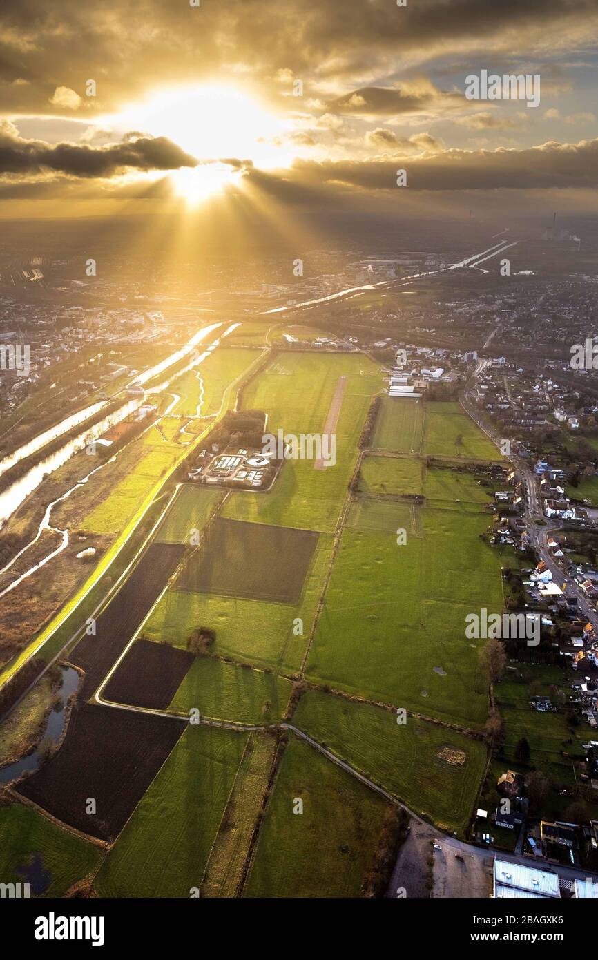 , sunset over the airfield Hamm, 04.01.2015, aerial view, Germany, North Rhine-Westphalia, Ruhr Area, Hamm Stock Photo