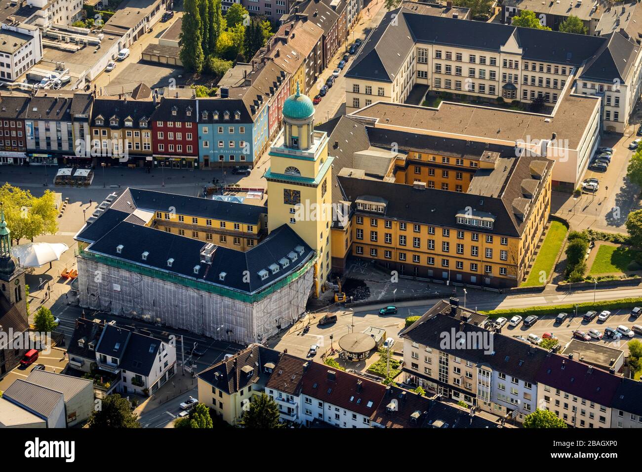 town hall of Witten and Kornmarkt, 30.04.2019, aerial view, Germany, North Rhine-Westphalia, Ruhr Area, Witten Stock Photo