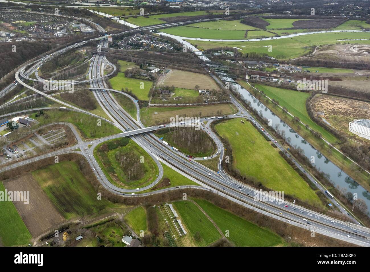 , motorway interchange Kaiserberg in Duisburg, 07.01.2014, aerial view, Germany, North Rhine-Westphalia, Ruhr Area, Duisburg Stock Photo