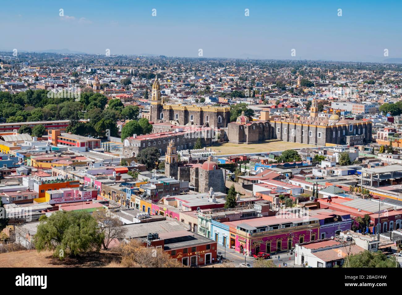 Morning aerial view cityscape of Cholula with Capilla Real o de ...