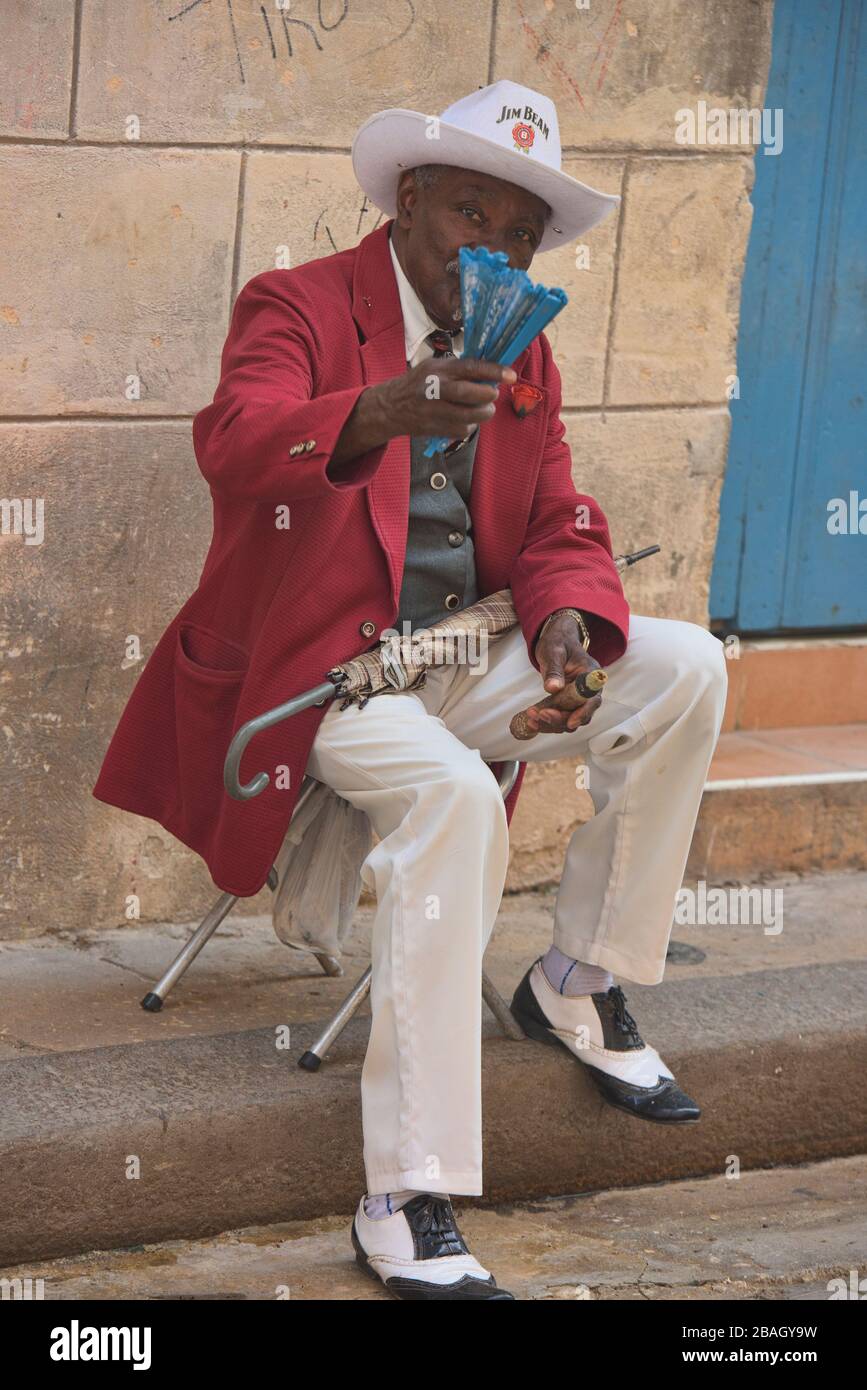 Stylish old musician, Havana Vieja, Havana, Cuba Stock Photo