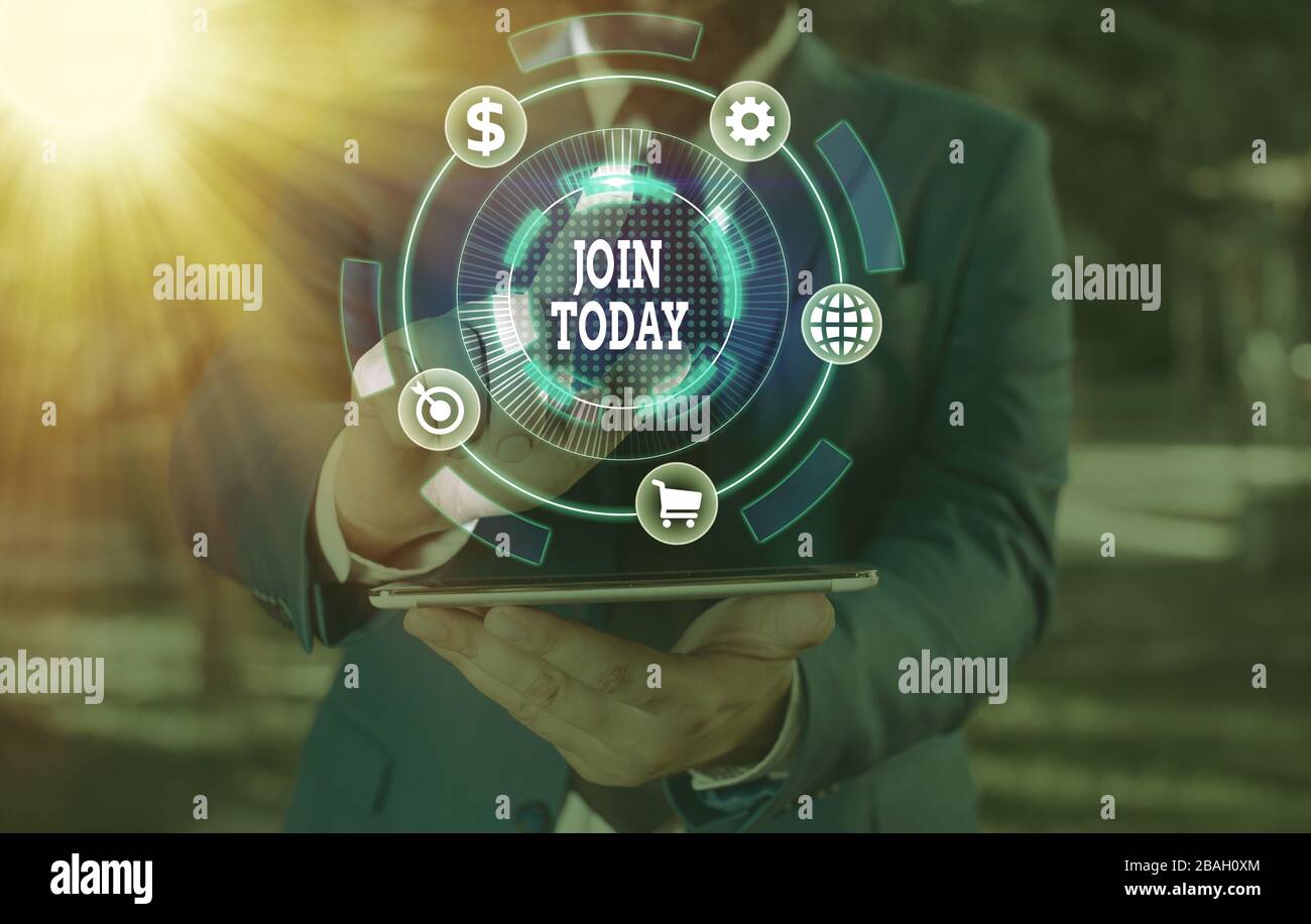 Text sign showing Join Today. Business photo showcasing to become a new ...