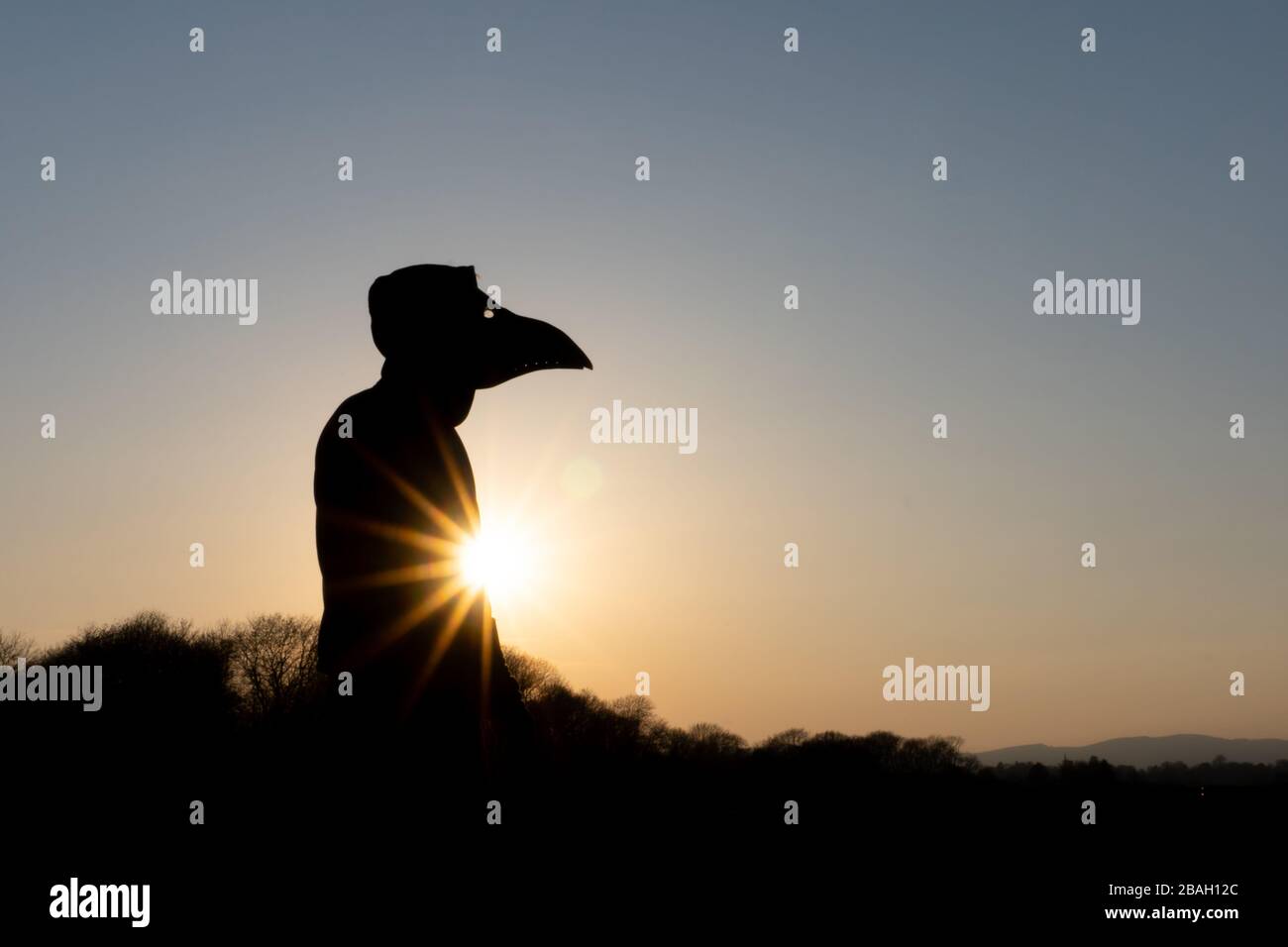 A hooded figure wearing a plague doctor mask. Silhouetted at sunset on a winters day. Stock Photo