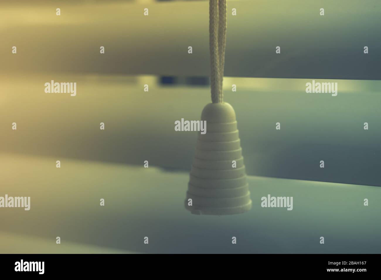 rope blinds with plastic cap close-up on a background of horizontal shutters. Stock Photo