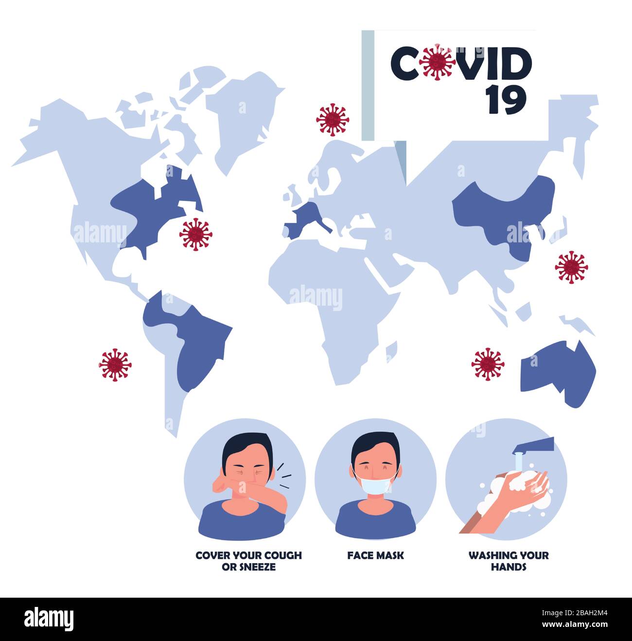 covid19 particles with earth maps and prevention methods Stock Vector ...