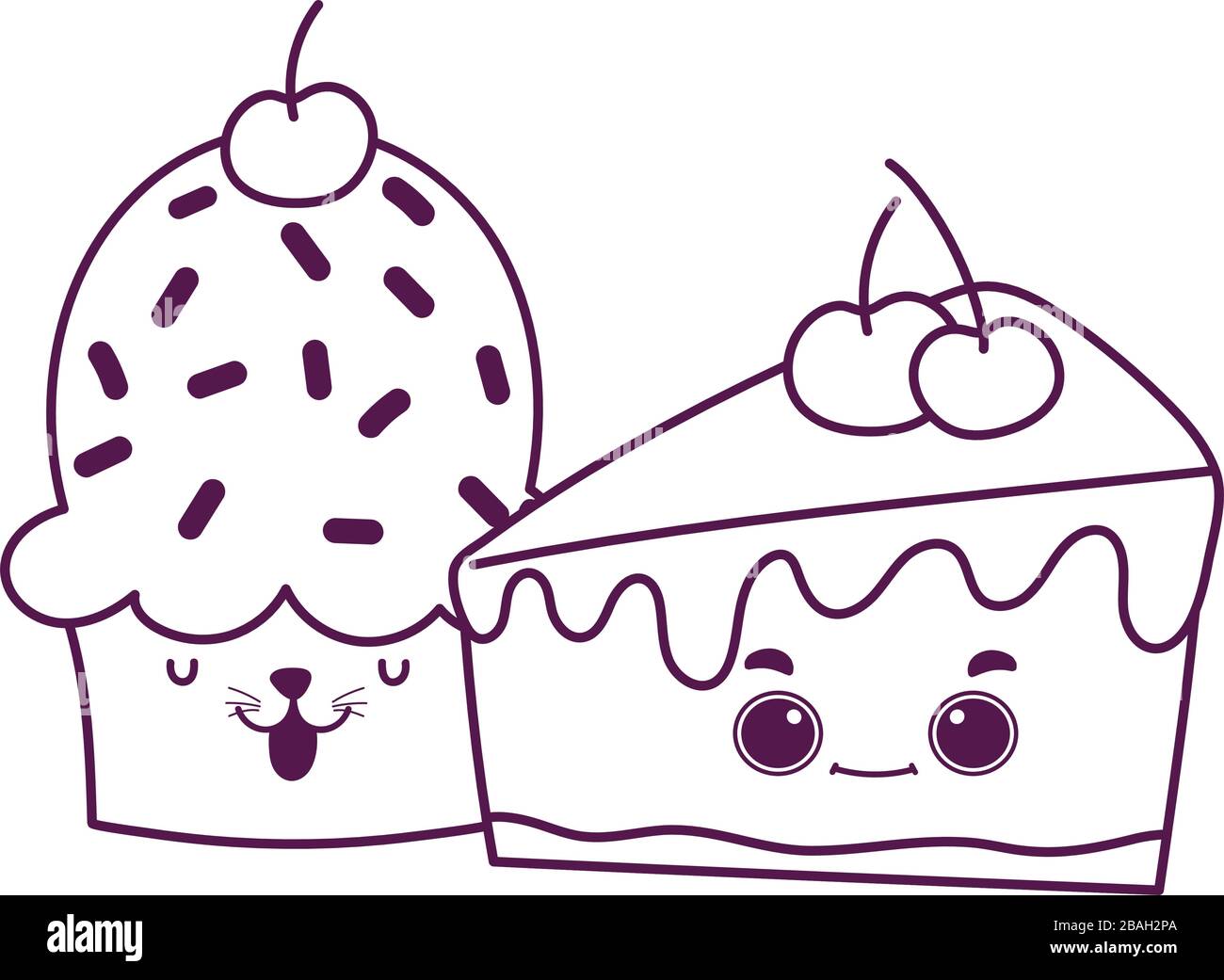 cute food cupcake and slice cake cherry sweet dessert pastry cartoon ...