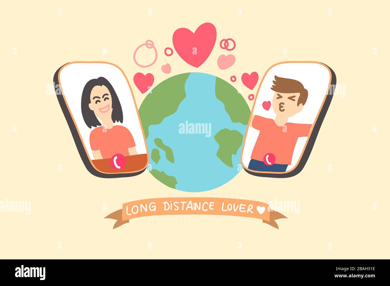 Long distance lover concept, drawing vector illustration about oversea couple connecting by smartphone. Suitable for working, dating, disease or epime Stock Vector