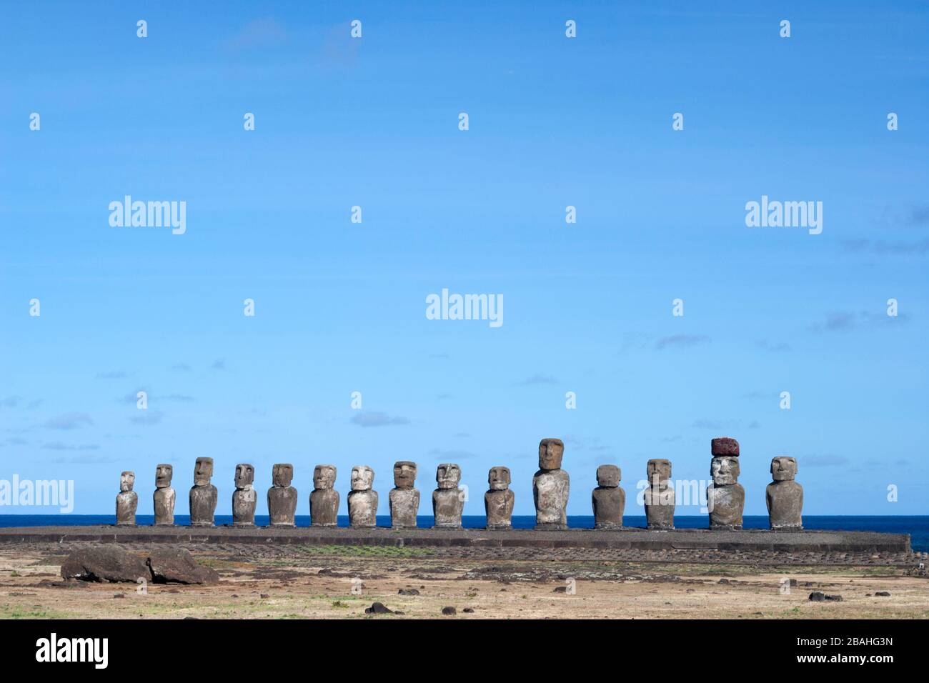 Ahu Tongariki, Easter Island's largest ahu (platform). 15 moai restored ...