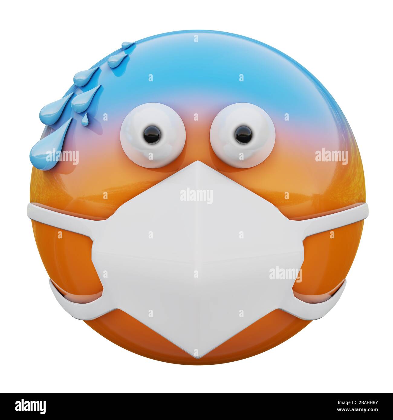 3D render of yellow emoji  face  with cold sweat and medical mask protecting from coronavirus 2019-nCoV, MERS-nCoV, sars, bird flu and other viruses, Stock Photo